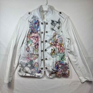 Renuar Floral Print Jacket Military Style Button Up White Cotton Blend Sz Medium